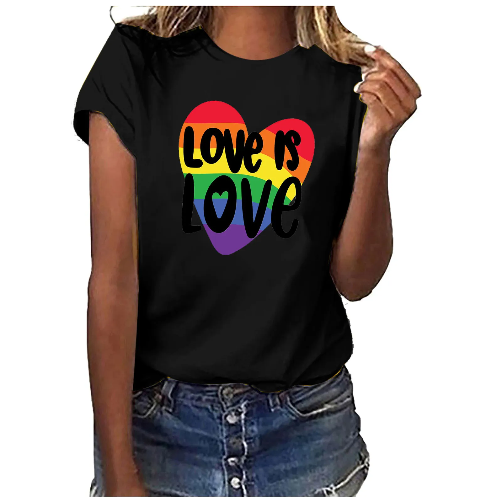 

Love Heart Printing Woman T-Shirts New Rainbow Printed Tops Woman Harajuku Tops Summer Top Casual Round Neck T Shirt Female