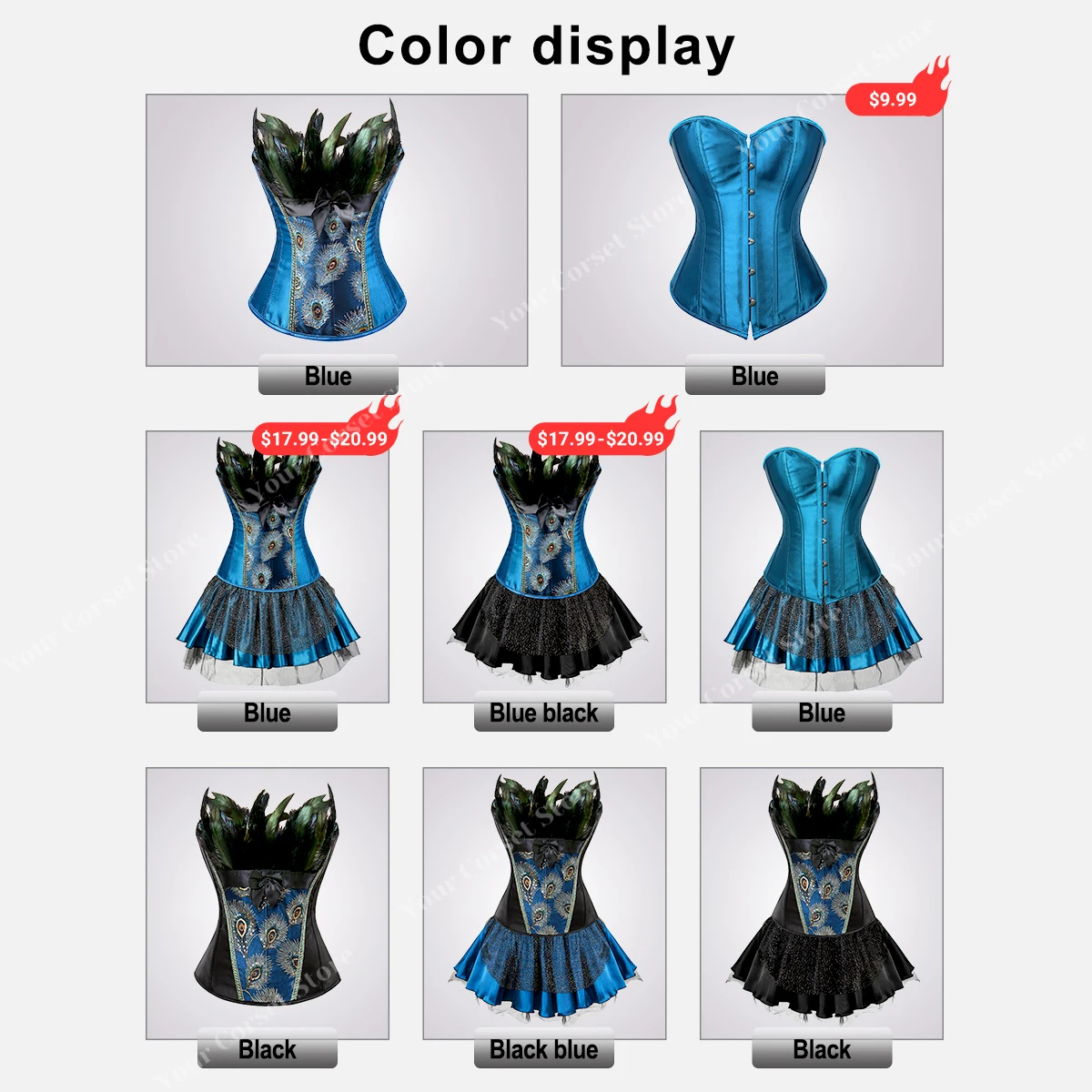 Peacock Blue Corset Top Tutu Skirt Peakcock Costume Blue Corset Dress Satin Bustier Corsets Lingerie for Women Plus Size