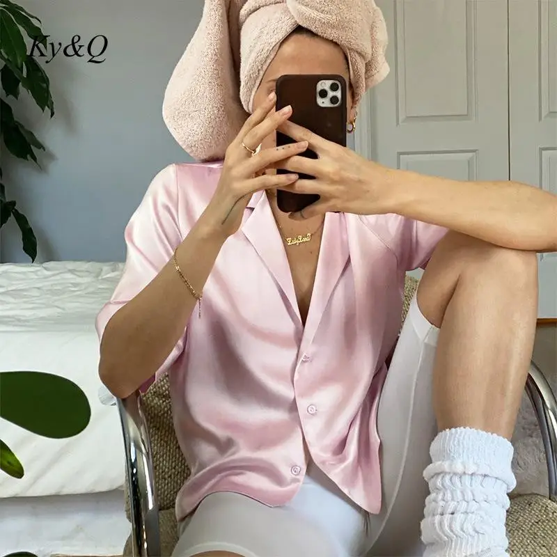 

Summer Women Office Short Sleeve Satin Solid Color Suit Blouse Turn Down Neck Street Daily Wear Elegant Soft Silk Shirts Blouse