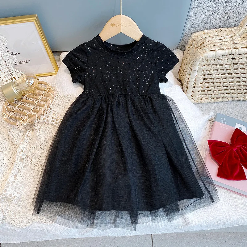 

Новое поступление лета 2021, милое черное Сетчатое платье принцессы для девочек с коротким рукавом, круглым вырезом и звездным небом, 18M-6T