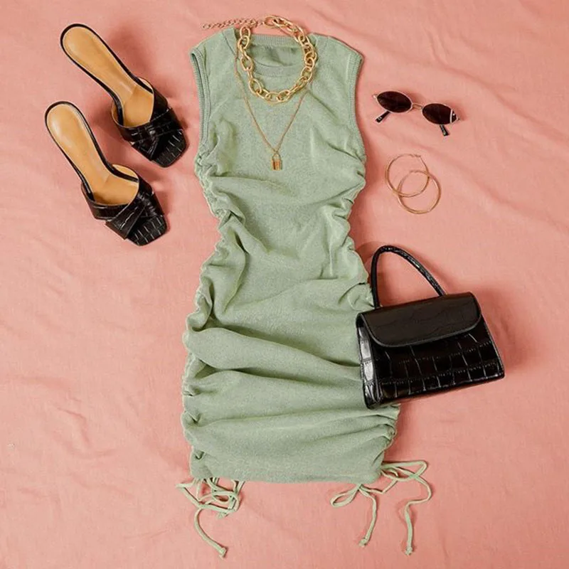 

Women Cotton Ruched Drawstring Sexy Party Dress Female Sleeveless Elastic Mini Dress Vintage Summer Bodycon Club Wear Vestidos