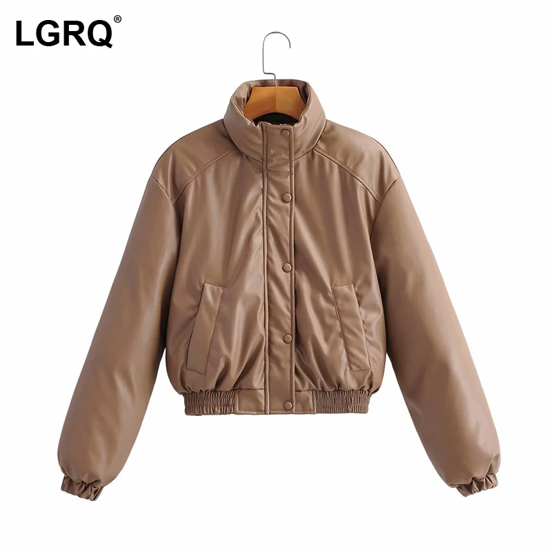 

[LGRQ] Western Style Short Stand Neck Cotton-padded Coat Long Sleeve Loose Women Parkas Fashion New Autumn Winter 2021 19D3859