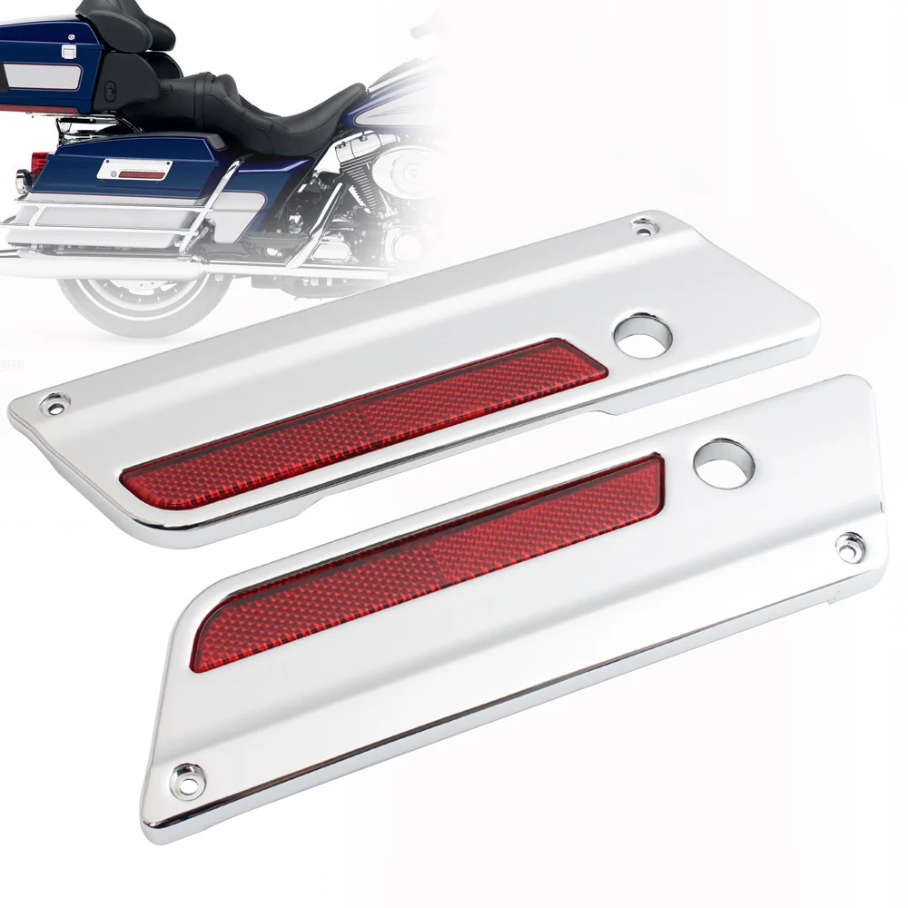 Motorcycle Chrome Saddlebag Latch Hinge Cover Plate with Red Reflector For Harley Touring Road King Electra Glide Street Glide