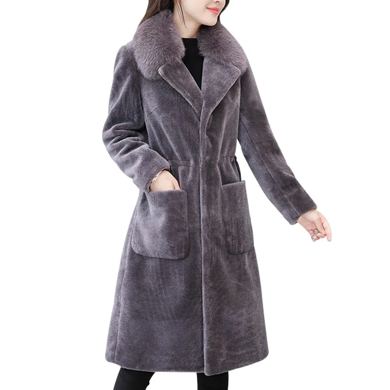 

Big Fox Fur Collar Sheep Sheared Coat In The Long Section 2021 Winter New Large Size Wool Fur Coat Turn-down Collar Slim