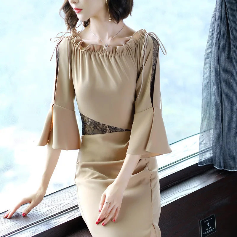 Весенне летнее женское вечернее платье миди с вырезом лодочкой одноцветные