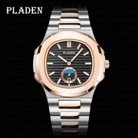 pladen casual watches for men top brand novelty rose gold stainless steel wristwatch antique moon phase decoration clock 2021