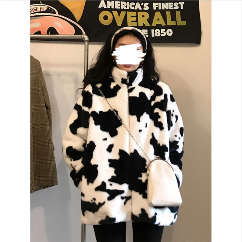 

Korean Winter Fashion Coat Harajuku Cows Print Loose Full Sleeve Jacket Heart Print Vintage Flannel Warm Cotton Woman Clothing