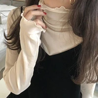 sexy women see through shirt transparent mesh tops turtleneck long sleeve sheer blouse casual club party blusas de mujer tops
