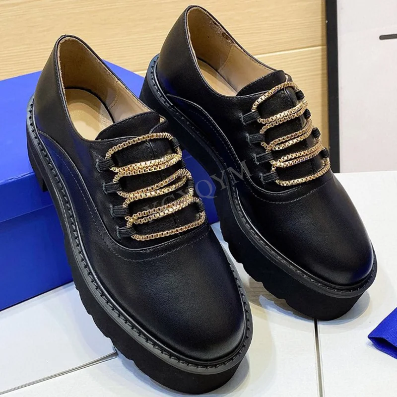 

Лоферы женские на платформе, натуральная кожа, круглый носок, металлическая цепочка, без застежки, плоская подошва, брендовые дизайнерские