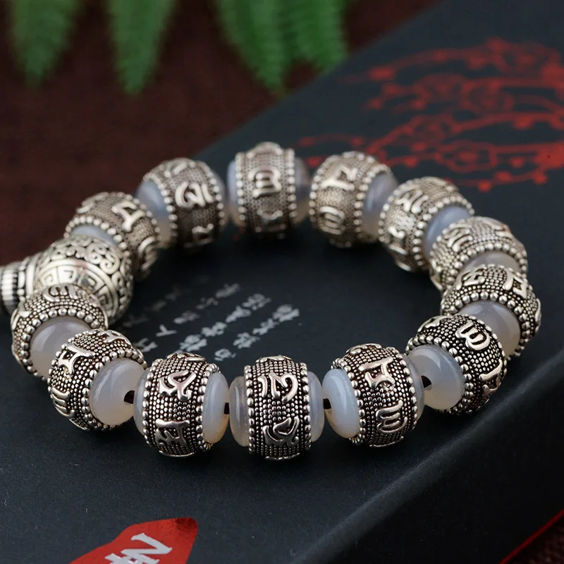 Ом Мани Падме Хум браслет Халцедон инкрустированный 925 серебро натуральный