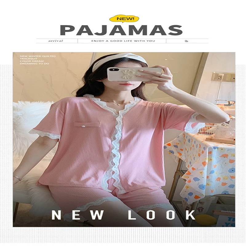 

Летние шорты с коротким рукавом, кардиган в полоску, Женская Милая Тонкая домашняя одежда для девочек, одежда для сна для женщин