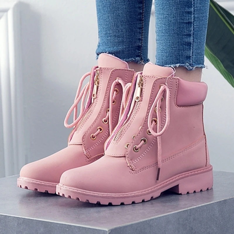 

Autumn Winter Women Boots High Top Trend Zipper Deisgn PU Leather Shoes Ladies Ankle Boots Large-size 42 Pink Woman Boots