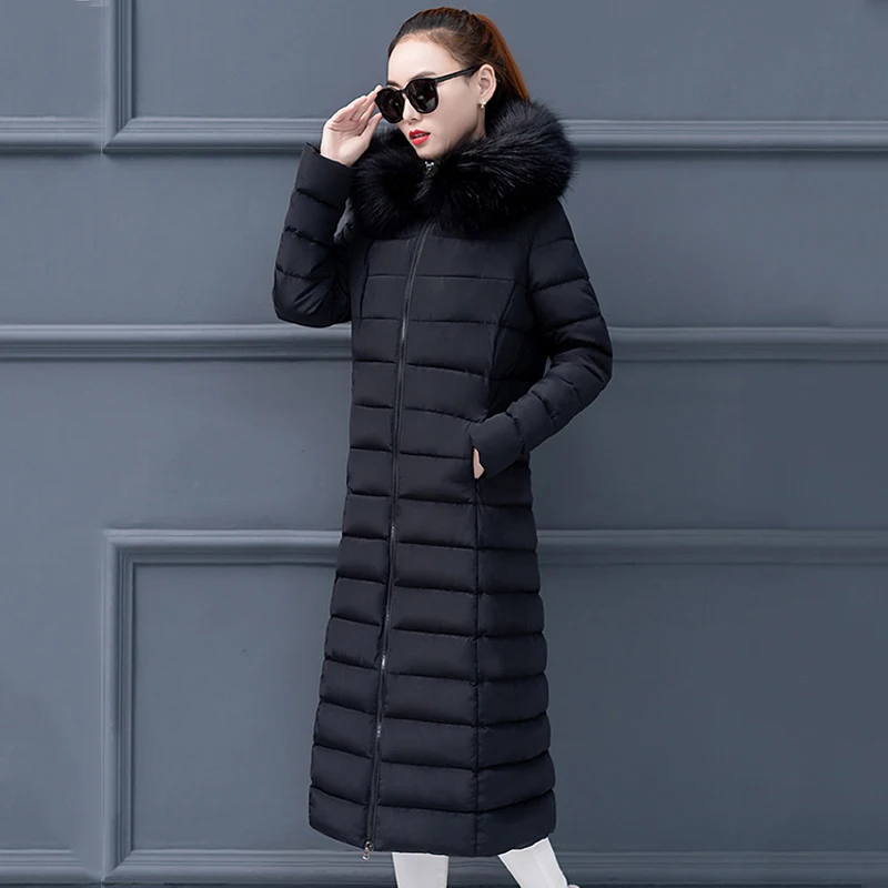 Женская парка с капюшоном и меховым воротником длинная приталенная куртка