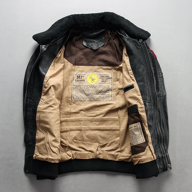 2022 flight jacket men's fur collar real leather with chief embroidery stylish winter bomber lether coat men | Мужская одежда