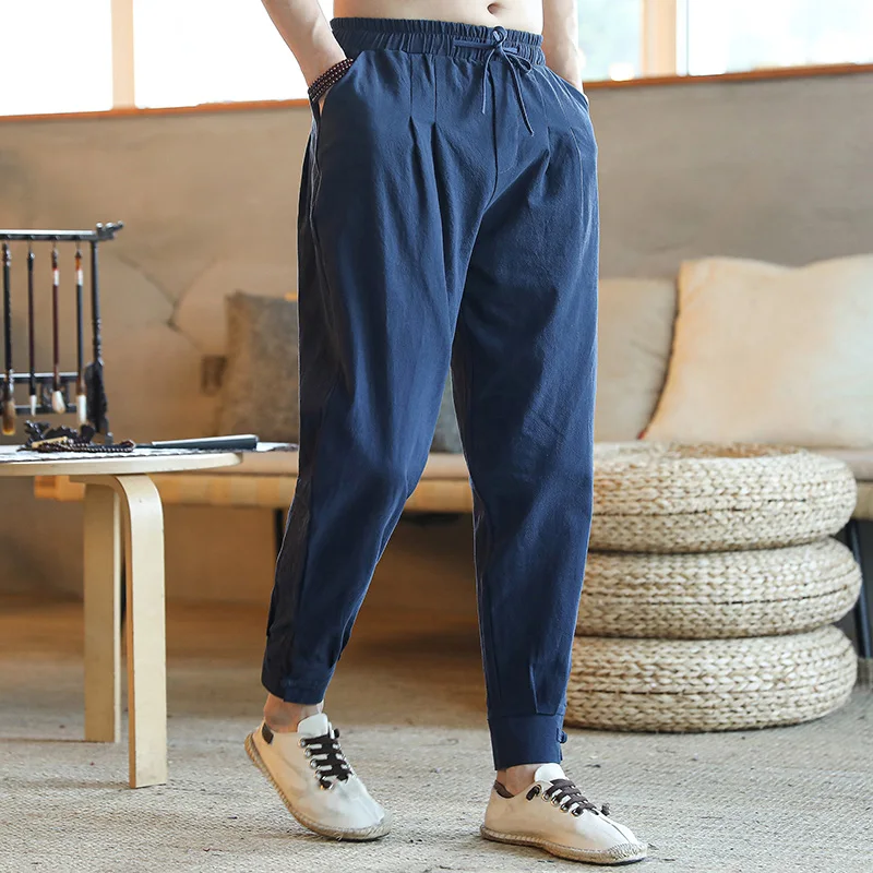 

M-5XL размера плюс китайский Стиль мешковатые штаны 2021 Harajuku одежда льняные повседневные штаны-шаровары брюки мужские джоггеры на резиновой п...