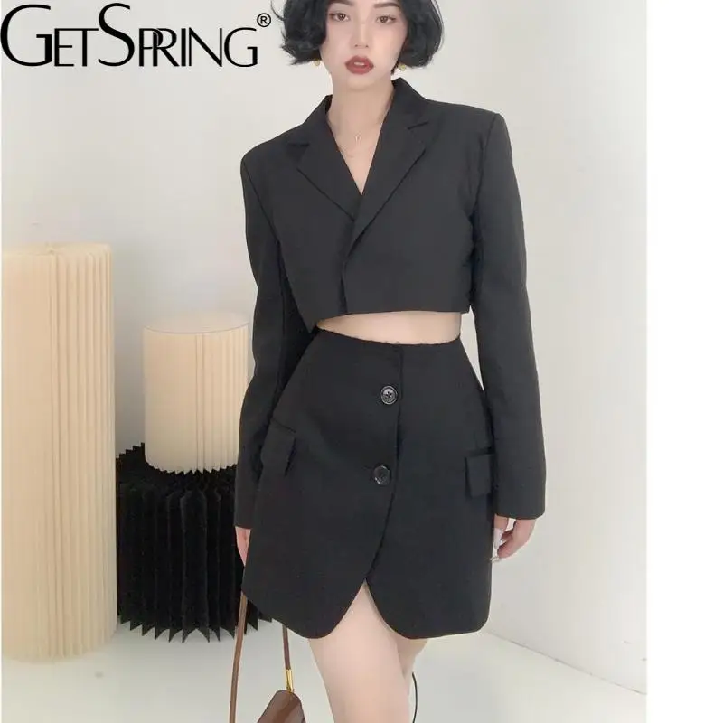 

Getspring Женский комплект, Черный Повседневный короткий костюм, Блейзер, короткая юбка с высокой талией для женщин, модный Блейзер, костюм из дв...