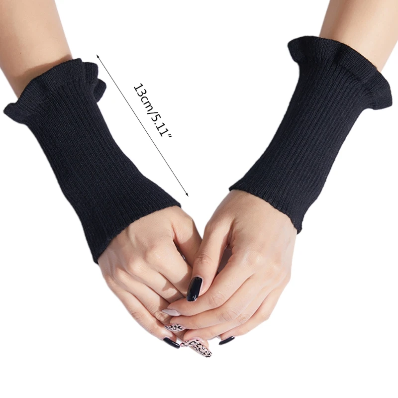 

Women Ribbed Knitted Fake Sleeves Cuffs Solid Color Winter Arm Warmers Stretch Ruffles Decorative Fingerless Gloves