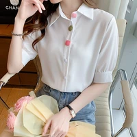 womens fashion shirts summer blouses for women button up white shirts womens clothing 2021 white polo neck new fashion blouse