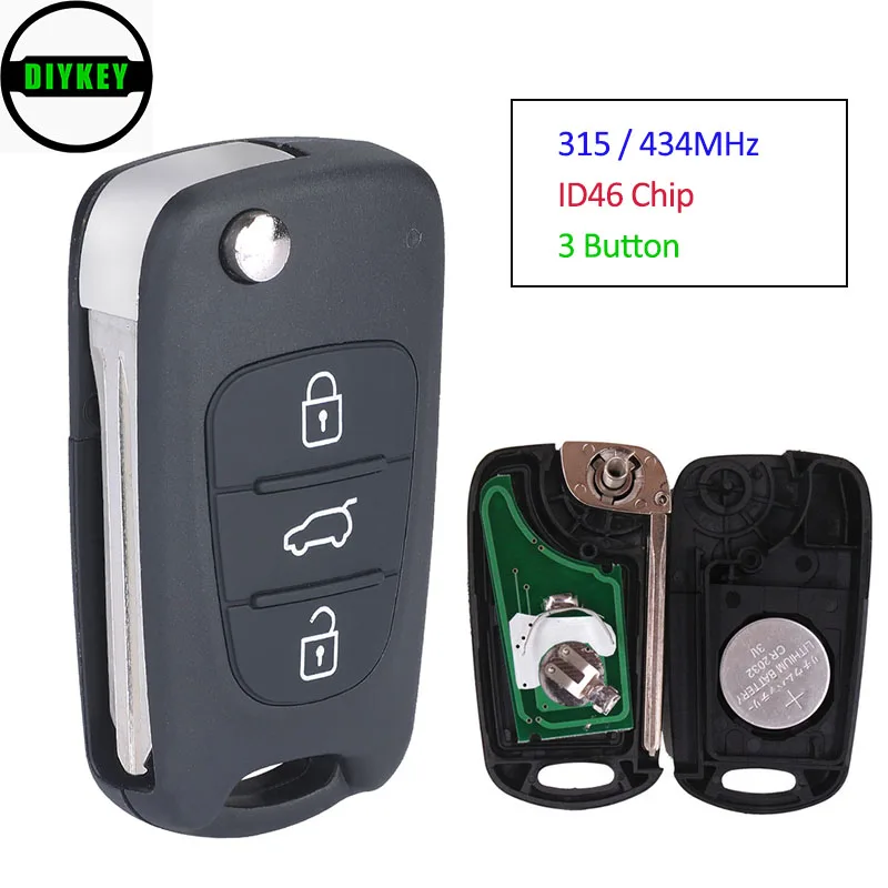 

DIYKEY Flip Remote Key keyless Fob 3 Button 315MHz / 433MHz With ID46 Chip for Hyundai Old Elantra KIA K2 K5