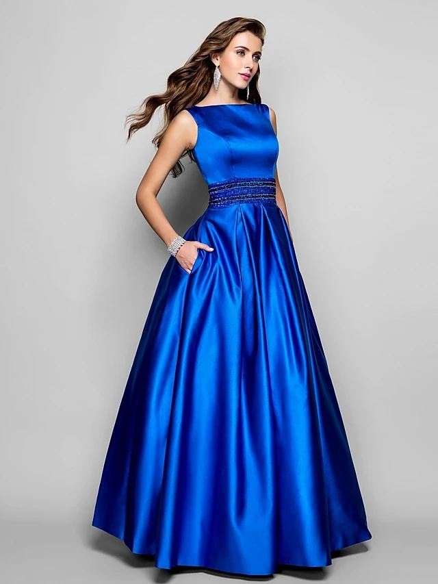 

A-Line Elegant Royal Blue Evening Dress 2023 Boat Neck Sleeveless Beading Long Prom Party Gown Vestidos De Fiesta Noche