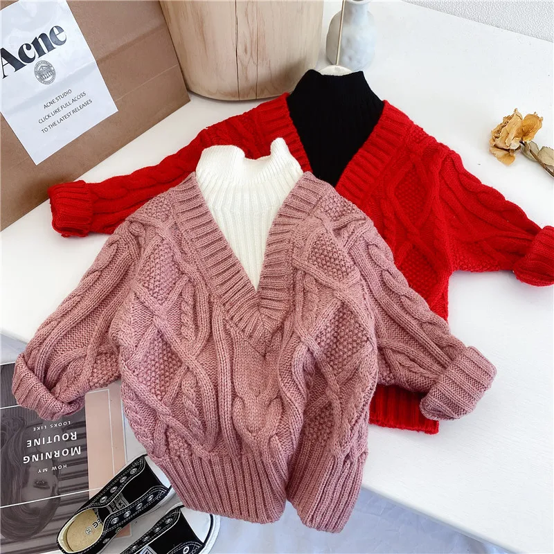 

Graceful Knitting Autumn Spring Winter Sweater Baby Girls Kids Children's Warm Plus Velvet Thicken Top Red Pink High Quality