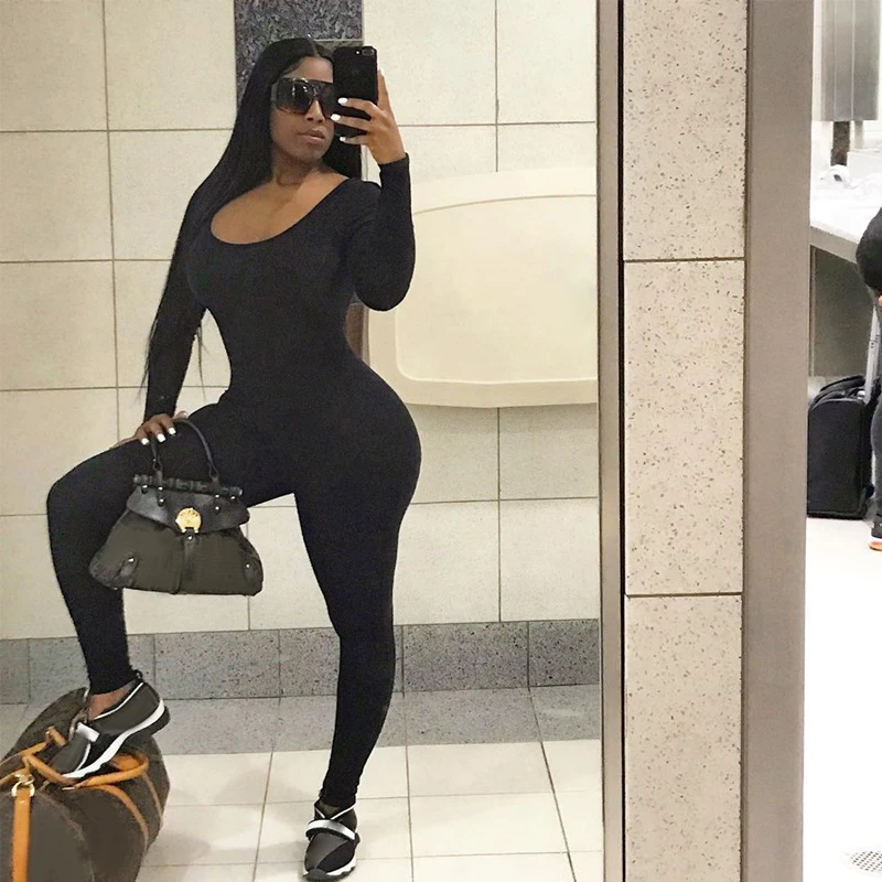 

Autumn Brown Black White Sexy Rompers O Neck Women's Long Sleeve Jumpsuits One Piece Female Outfits Bodycon Jumpsuit for Women