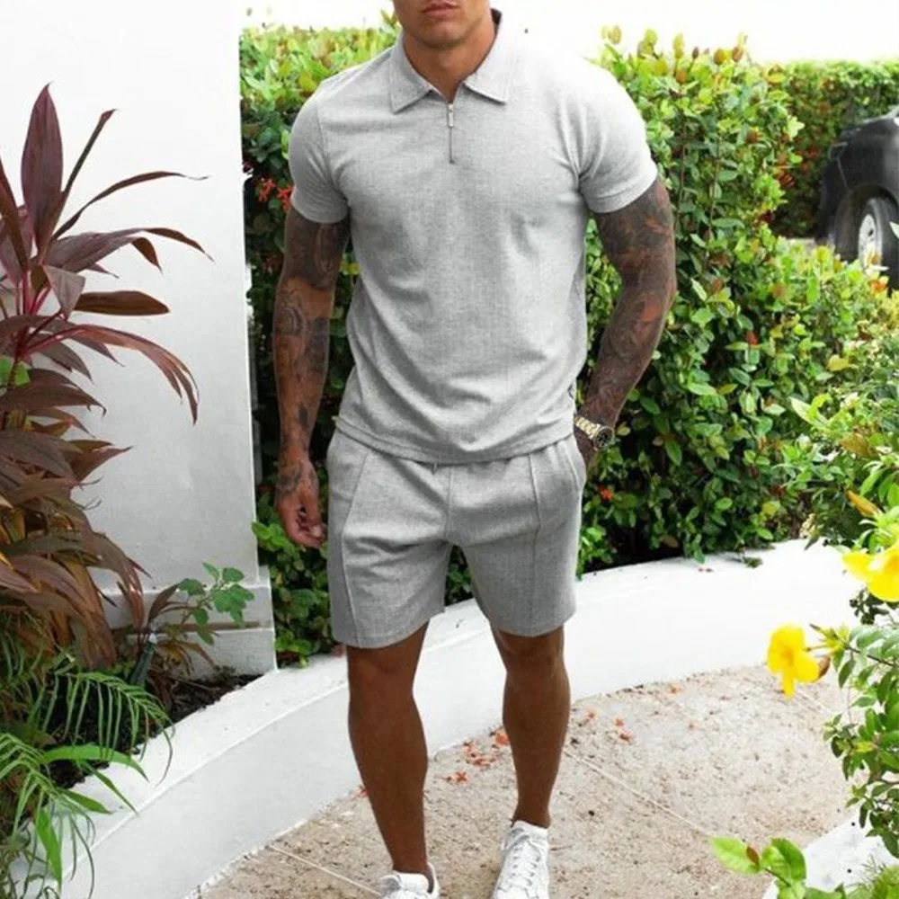 

Mens Summer Outfits 2 Piece Set Fashion Clothing 2021 New Men Tracksuit Jogging Collar and Shorts Cotton Fabric Slim