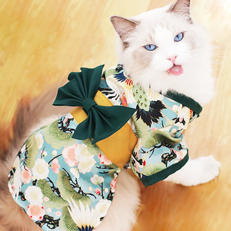 

Pet Dog Cat Japanese Kimono Cosplay Coat Crane Cherry Blossom Pattern Pet Jacket Girl Dog Dresses Chihuahua Pet Clothes