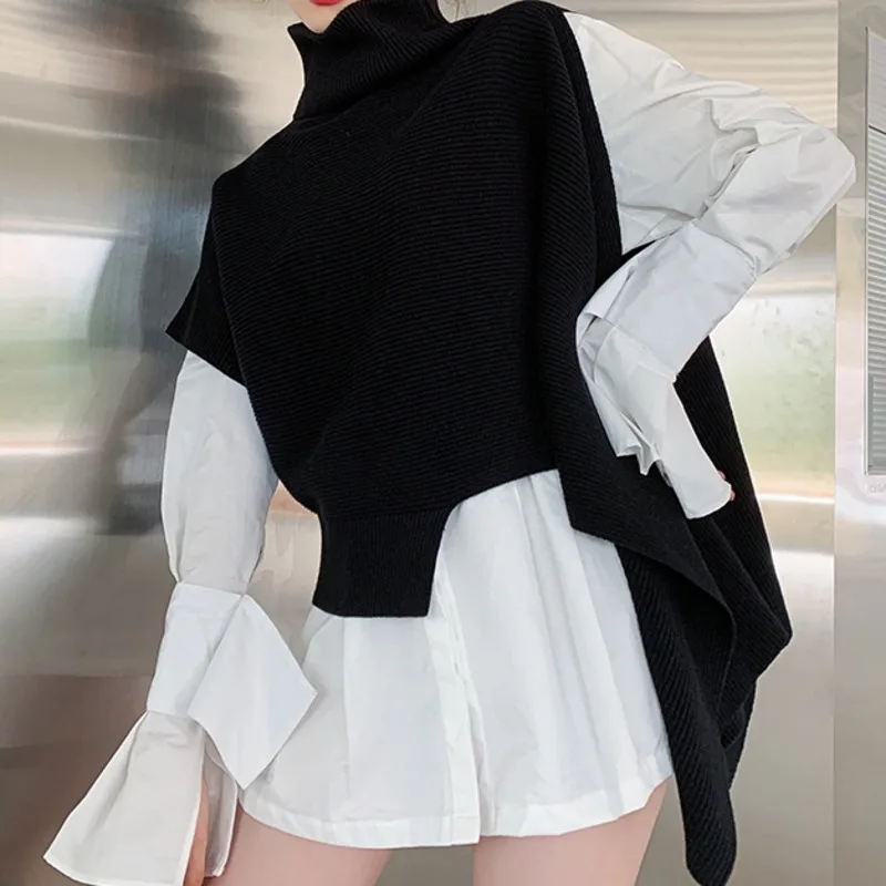 

LANMREM Butterfly Sleeves White Shirt Irregular Black Knitted Sweater for Women Streewear Tops 2021 Spring Autumn New 2A3314