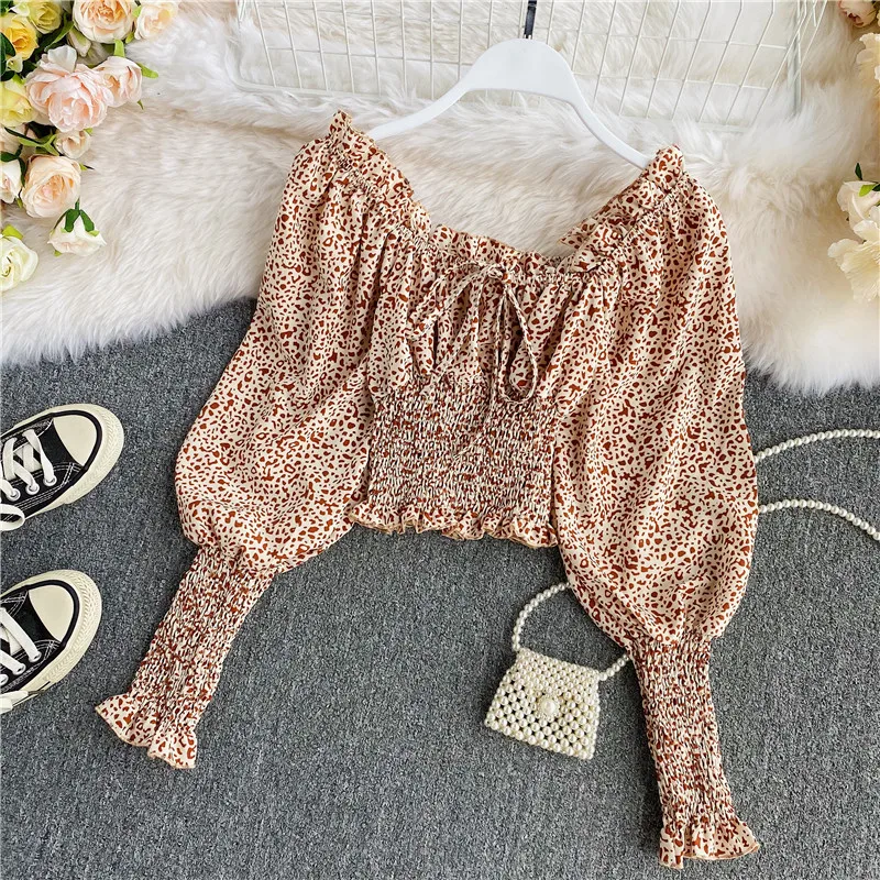 

Vintage Women Blouse Shirt Korean Casual Square Collar Long Sleeve Short Chiffon Blusas Female Slim Waist Top 2020