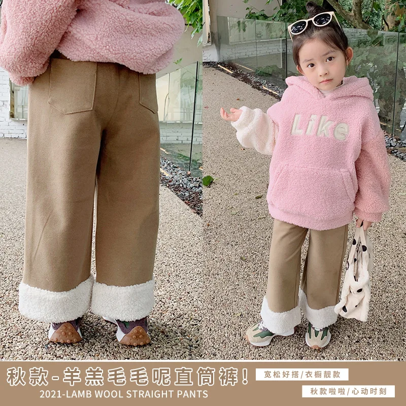 

MILA CHOU 2021 Autumn Winter Boy Girls Stitched LambWool Straight Pants Kids Clothes Children Woolen Khaki Trousers 2-8Y