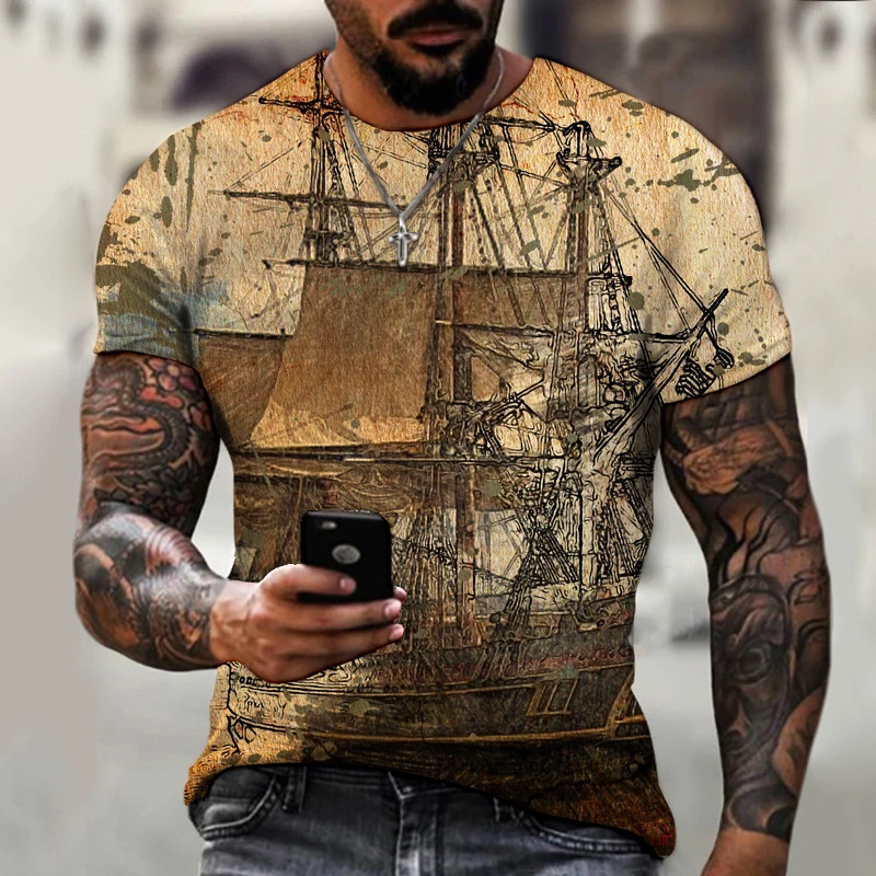

Men's T-shirt 3D Printing World Map Nautical Pattern Literary Retro Everyday Casual Tops Fashion O-neck Streetwear