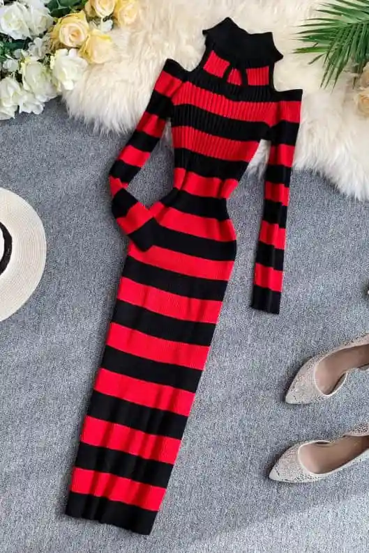 

Foufurieux Women 2021 Autumn Winter New Stand Collar Off Shouder Striped Knitted Dress Fashion Slim Bottom Sexy Dress Robe