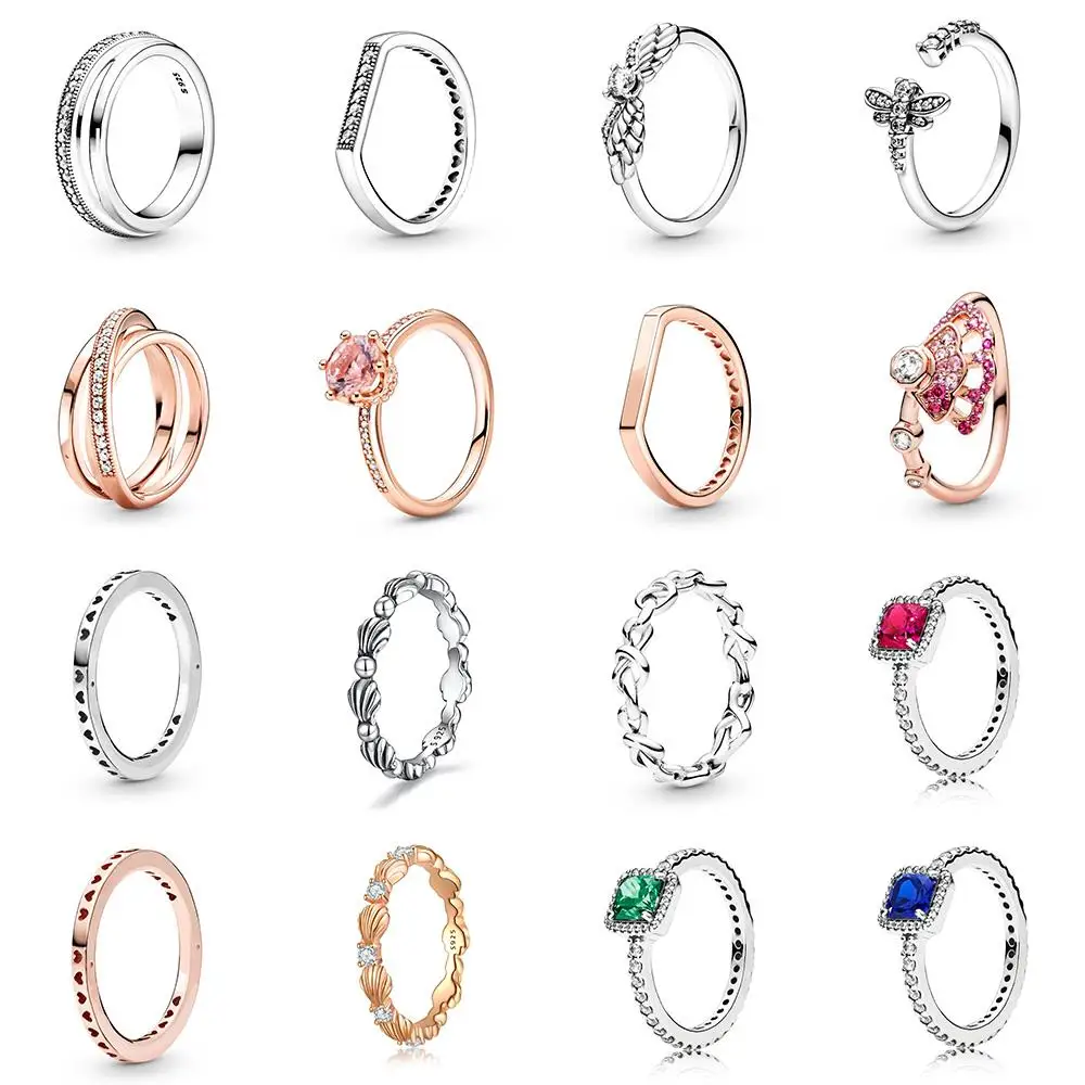 

925 Sterling Silver Ring Charms Rose Gold Red Crystal Butterfly Silver Color Shell Finger Ring For Women Gift Fashion Jewelry