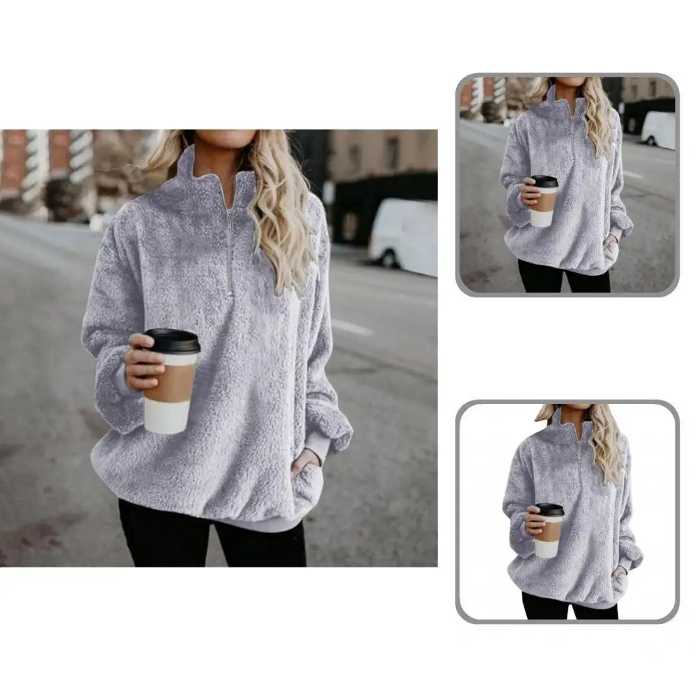 Плюшевый простой однотонный пуловер на молнии с воротником, свитшот, осенне-зимний свитшот, супермягкий джемпер для дома