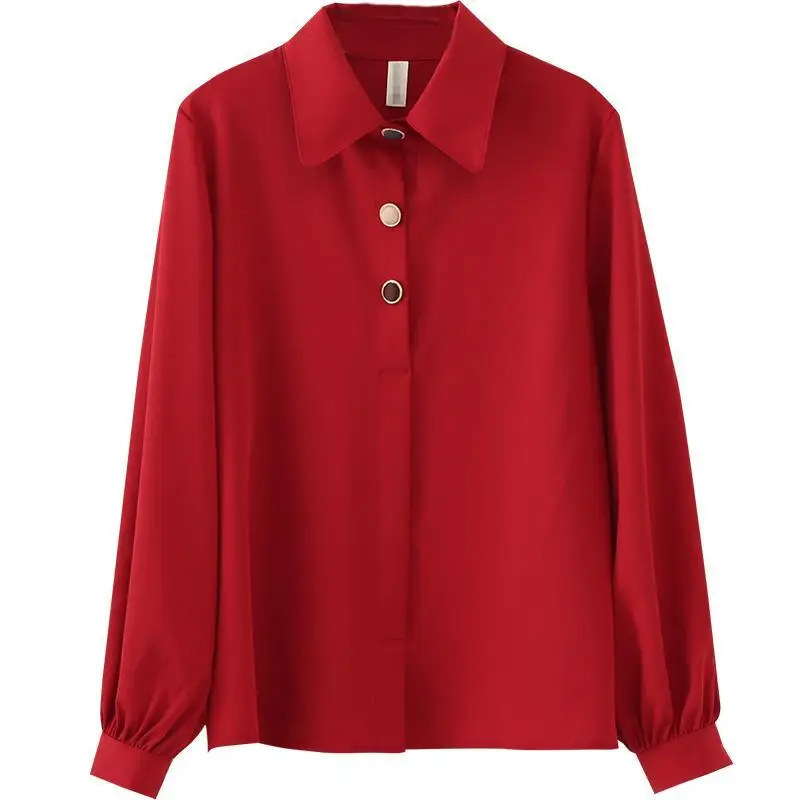 

Solid Chiffon Women Shirts Summer New 2021 Turn-Down Collar Button Loose Elegant Office Lady Outwear Tops