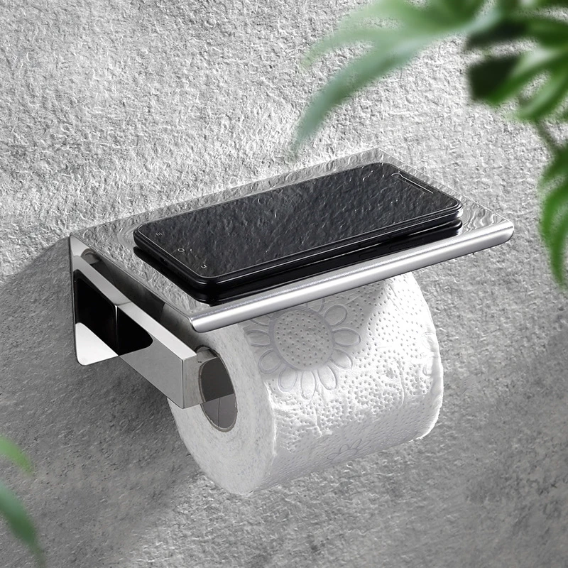 

Toilet Paper Holder with Phone Shelf Wall Mounted for Bathroom Washroom Hotel Anti-Rust Stainless Steel Tissue Organizer