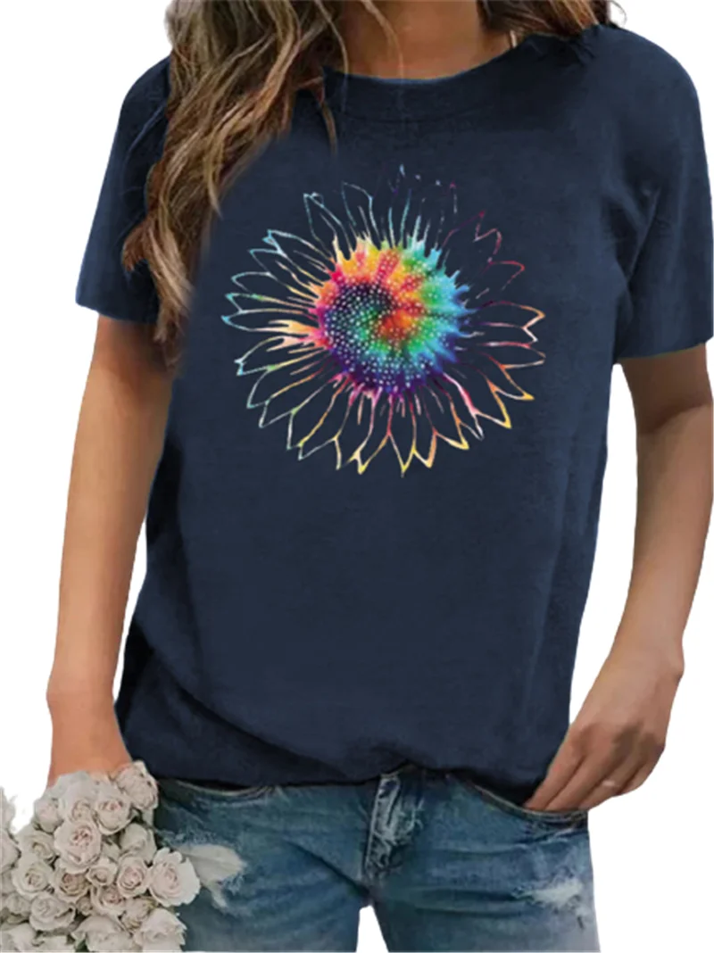 

Футболка женская с коротким рукавом и цветочным принтом, повседневный топ с круглым вырезом, уличная одежда, Свободный пуловер, 2XL, на лето