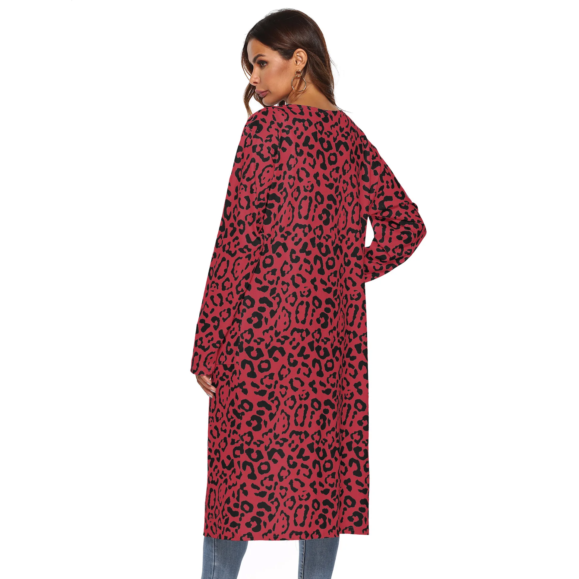 Осенне-зимняя одежда женский кардиган Леопардовый длинный свитер рукав Плюс