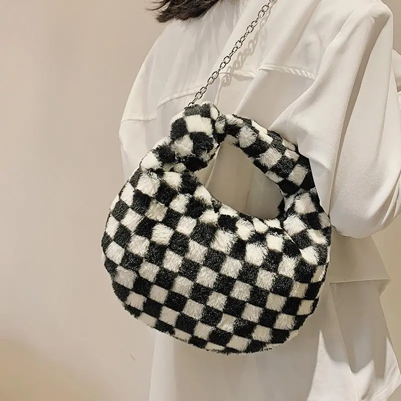 

Faux Fur knotted Handbag Women's Checkerboard Plaid Shoulder Crossbody Bag Female Winte Chain Top-Handle Bags Purses 2022