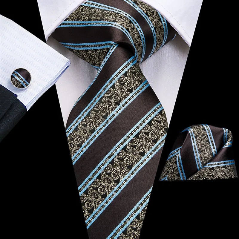 SN-1641 Hi-Tie Модные синие шелковые галстуки для мужчин Пейсли и полоса шеи галстук платок набор запонок для мужчин костюм деловой свадьбы