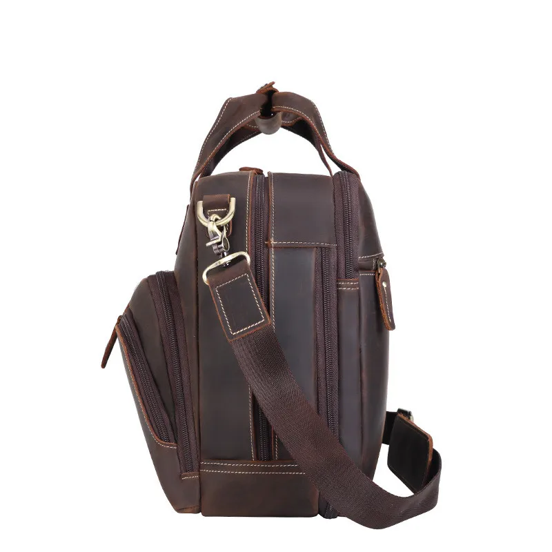 Luxury men's leather business briefcase natural leather retro handbag 17 inch laptop bag diagonal bag