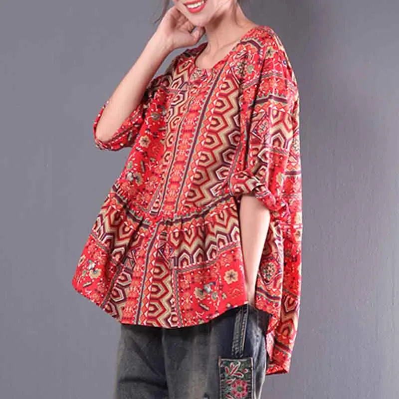 

Plus Size Women's Shirt Womens Blouse Tunic Tops Vintage Print Ruffles Blusas 2021 Autumn Long Sleeve Shirts Plus Size