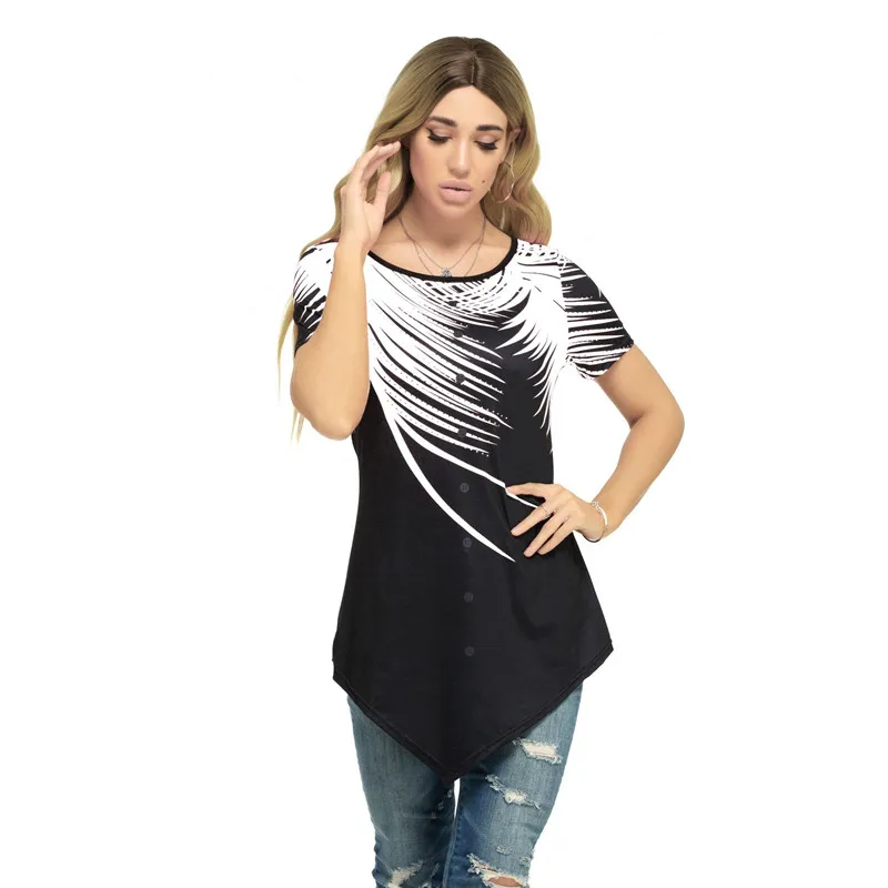 Leaf Print Irregular Hem Women's Short T-Shirts New Summer Tees Large Sizes 5XL Ladies Top Shirt Sleeve 3D Tshirts | Женская одежда