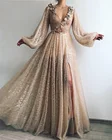 Сверкающее сексуальное Золотое сексуальное официальное платье для выпускного вечера, с цветочным принтом, с V-образным вырезом, с блестками, трапециевидного силуэта, Дубай, арабское, с длинными рукавами, вечерние платья, 2021