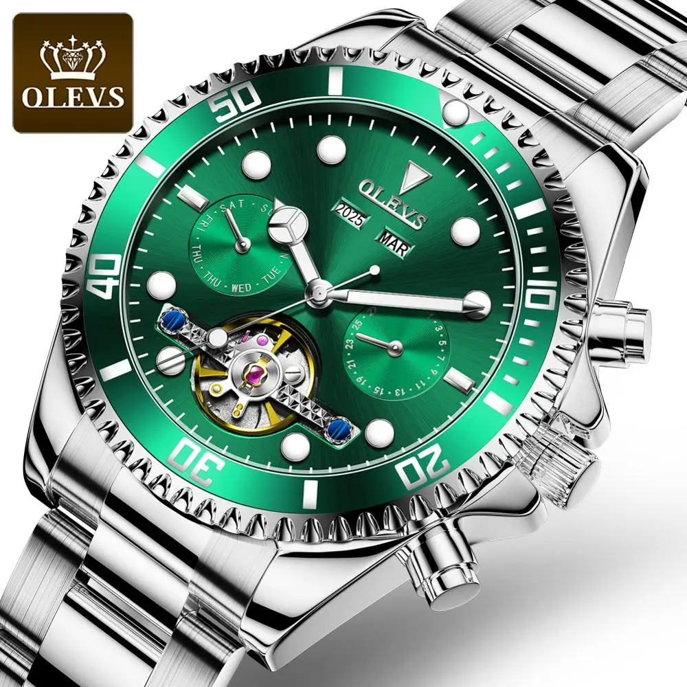

Автоматические механические мужские часы OLEVS, водонепроницаемые зеленые светящиеся высококачественные мужские наручные часы Move t для мужч...
