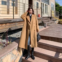autumn and winter thickened tweed coat womens suit collar lace up double breasted camel medium length over knee coat fashion