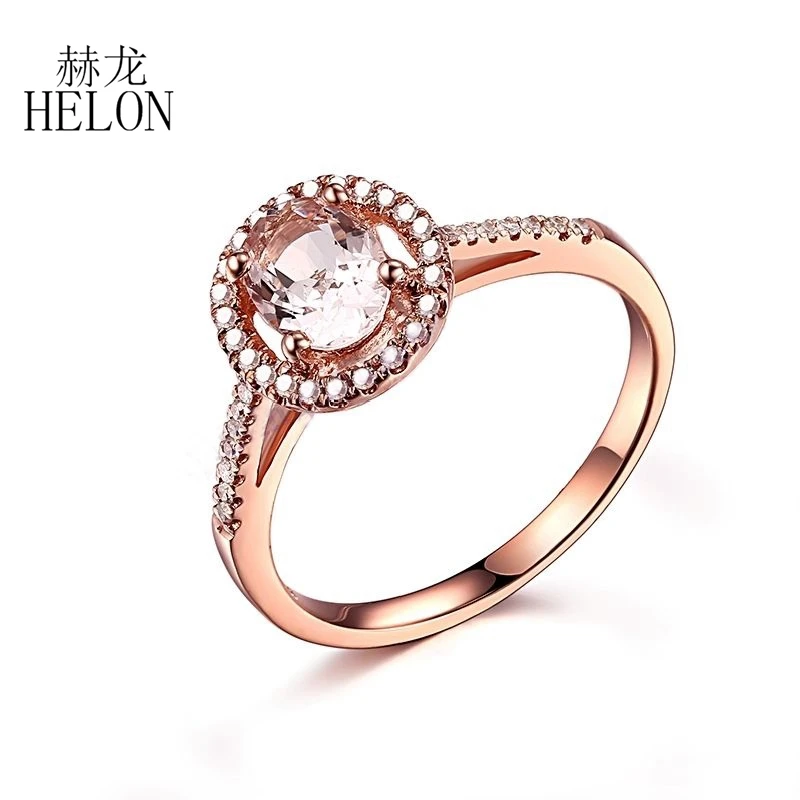 HELON Solid 10K Rose Gold Flawless Oval 7x5mm Natural Morganite Diamond Ring Women Wedding &amp Anniversary Band Fine Jewelry Gift |