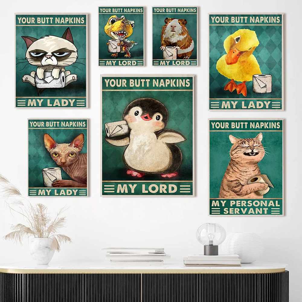 

Retro Animal Paper Posters Your Butt Napkins My Lord Print Canvas Funny Cat Penguin Duck Pictures Bathroom Painting Wall Decor