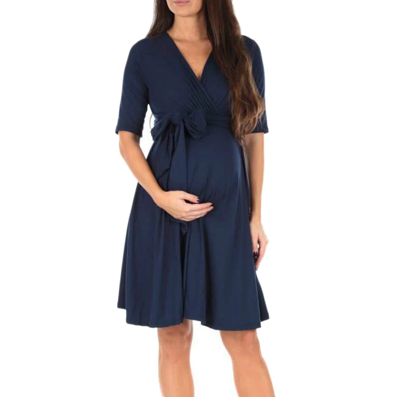 

V-Neck Maternity Breastfeeding Dress Pregnant Women's Skirt Nursing Dress Solid Color Clothes